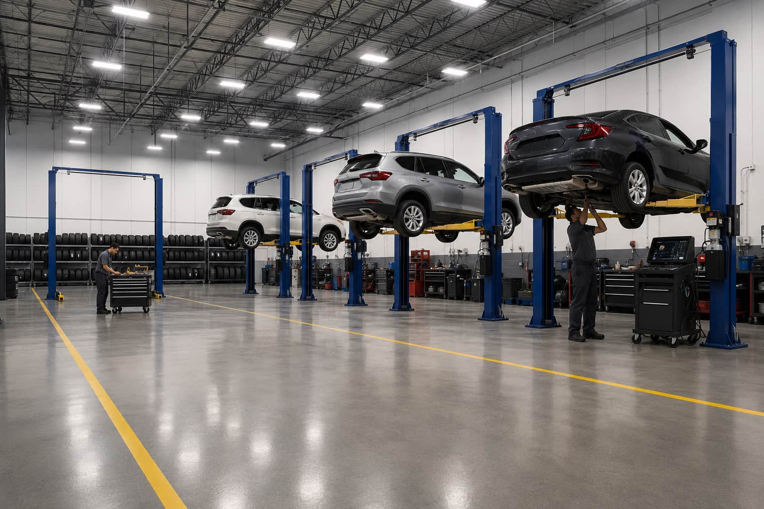 Steel & Stud 50x80 auto repair interior — four 2-post lifts