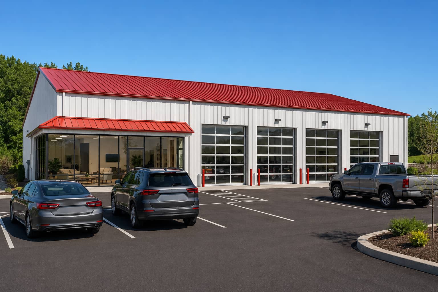 50x80 modern white auto repair with red roof and customer cars