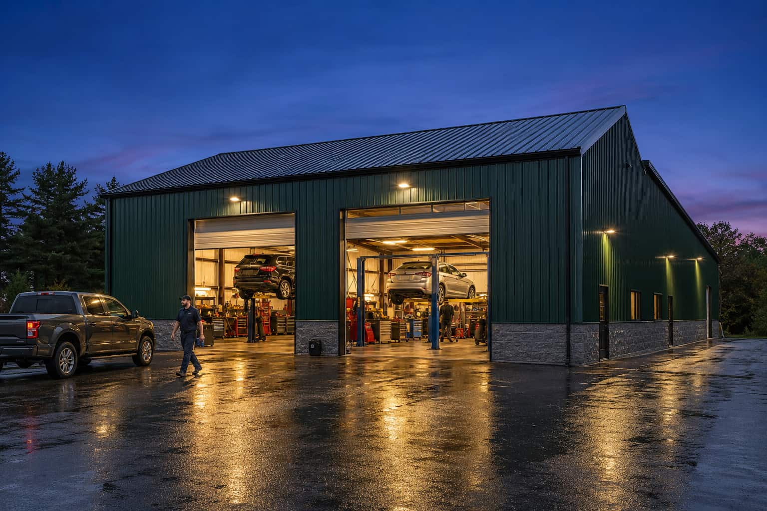 50x80 forest-green auto repair at twilight with lit bays