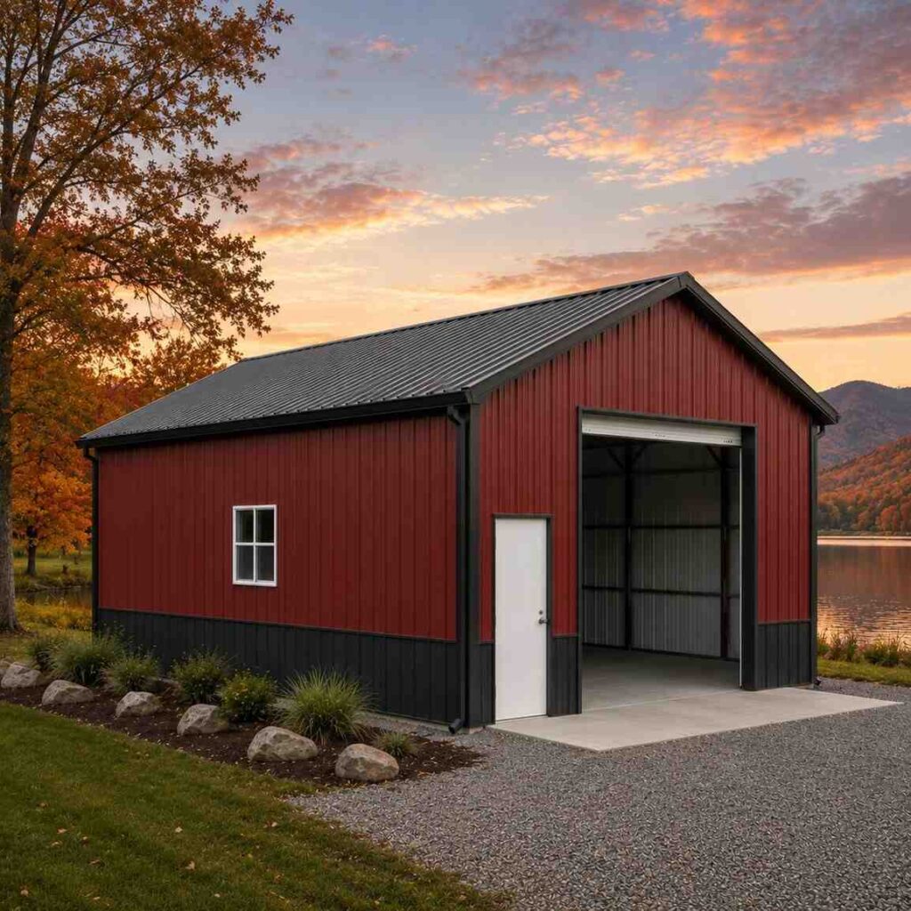 Barn red steel building with tall open bay and white roll-up door beside an autumn lake