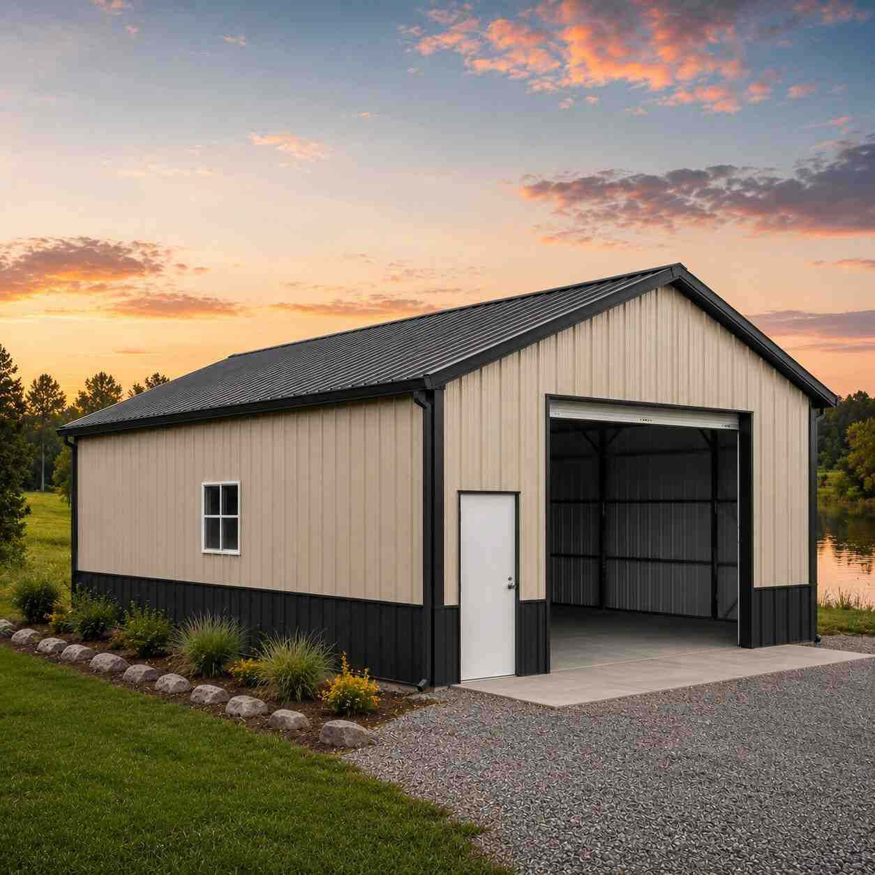 Beige metal building with tall open roll-up bay and black wainscot near a pond at sunset