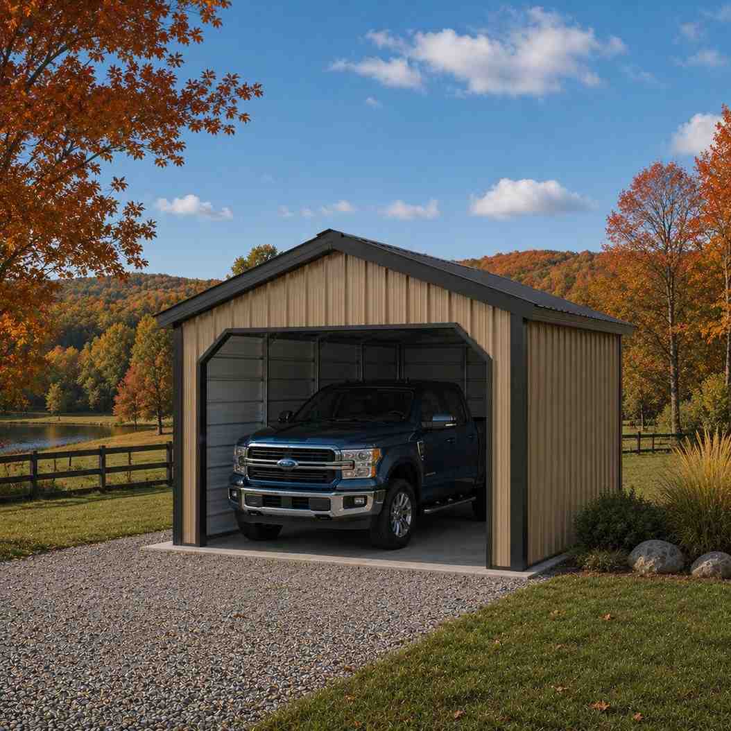 Beige metal carport with enclosed sides sheltering a pickup truck by an autumn lake