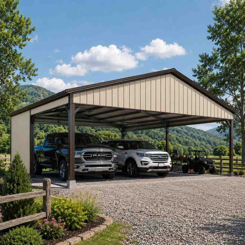 Green steel structure run-in shelter with wood posts on a fenced grassy pasture