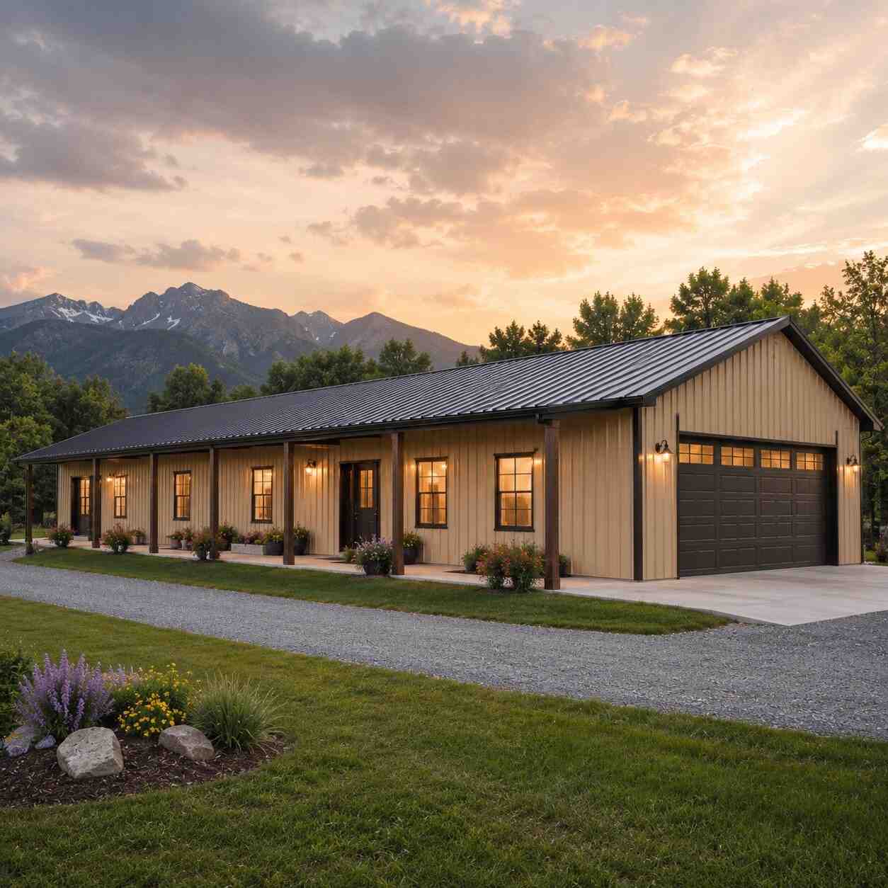 Beige prefab metal building with long covered porch and attached garage below snowy mountains