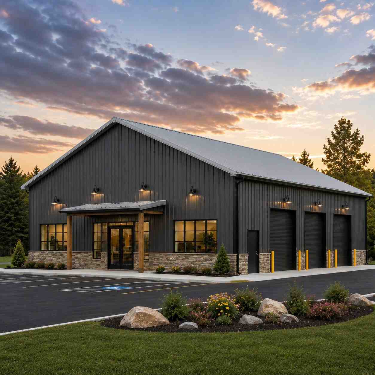 Black commercial metal building with stone wainscot, timber porch and three roll-up bays