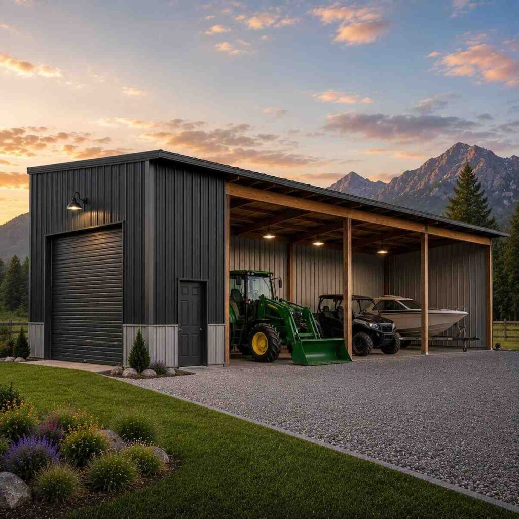 Black metal building with roll-up door and attached lean-to sheltering tractor, UTV and boat