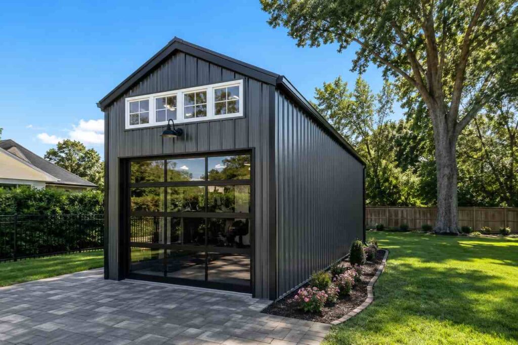 Black metal building with glass garage door and transom windows on a backyard paver patio