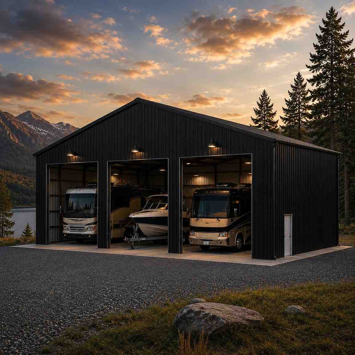 Black metal building kit with three tall bays holding motorhomes and a boat at mountain dusk