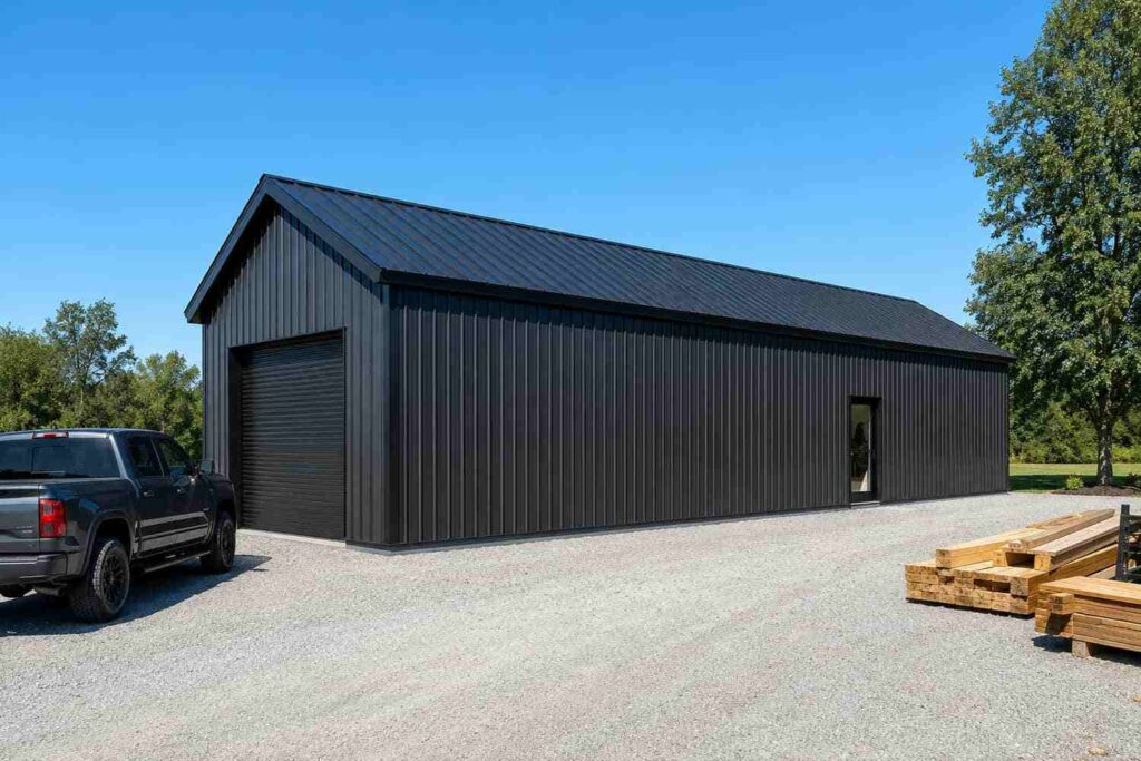 Black metal building kit woodshop with roll-up door, pickup truck, and stacked lumber outside