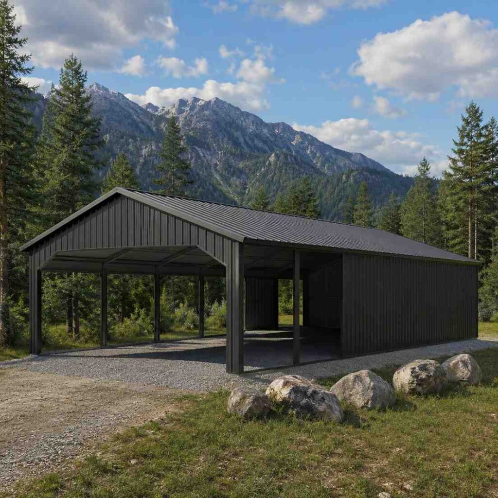 Black metal carport with partially enclosed end on a gravel pad among forested mountains