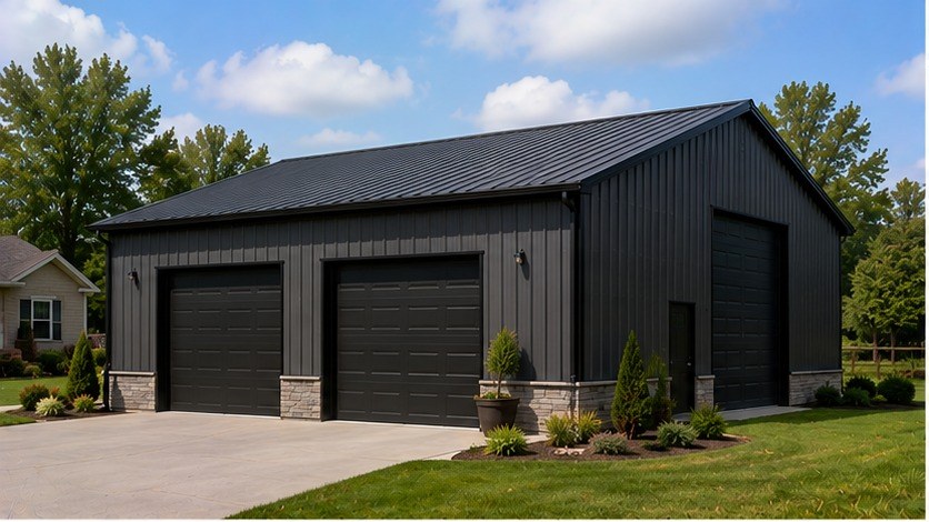 Charcoal commercial metal building warehouse with roll-up door and box truck at the loading dock