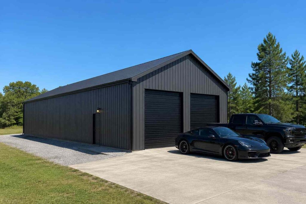 Matte black steel garage with two roll-up bays, a sports car and black pickup parked outside