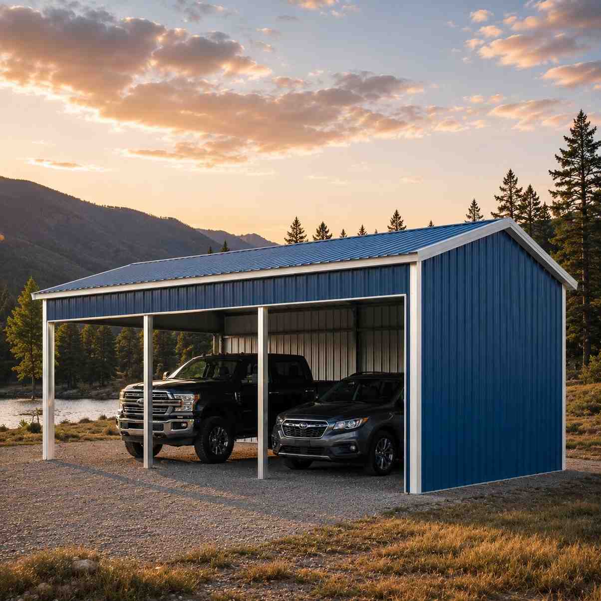 Blue metal carport with open sides sheltering a truck and SUV at sunset