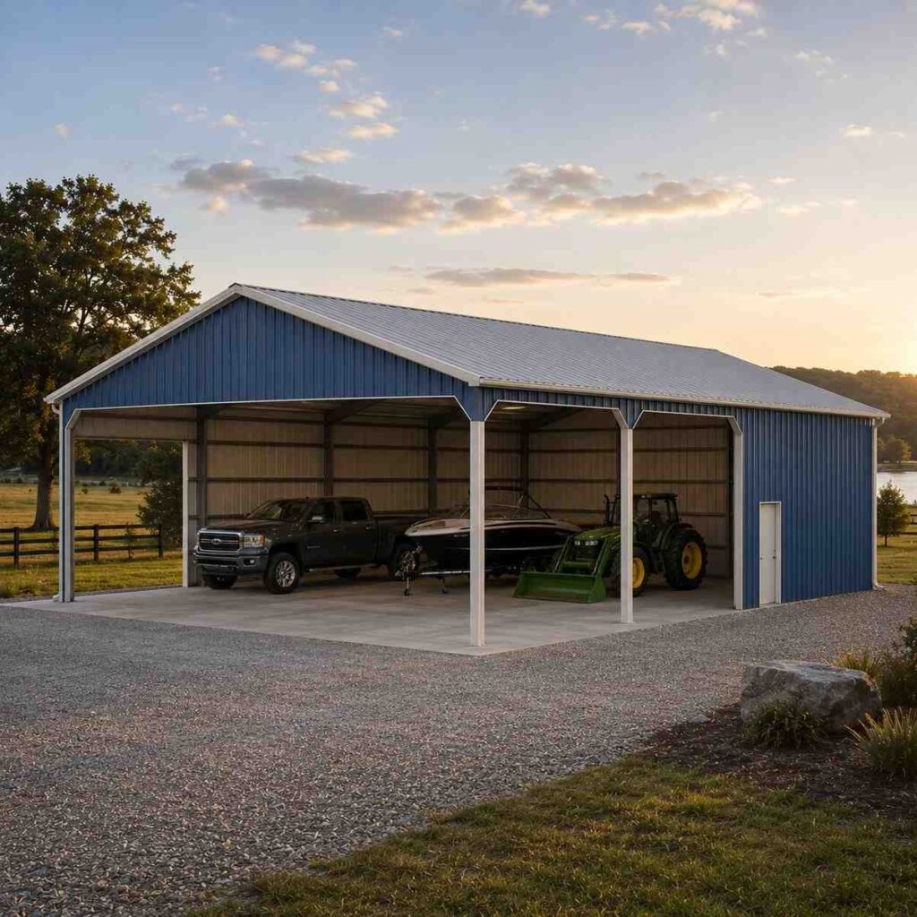 Blue metal carport with white posts sheltering a pickup truck, boat and tractor at sunset