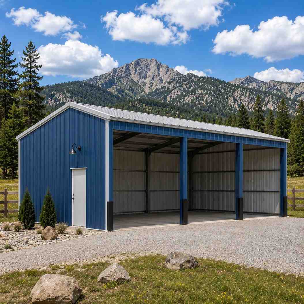 White metal shed converted to backyard office studio with black trim and large windows