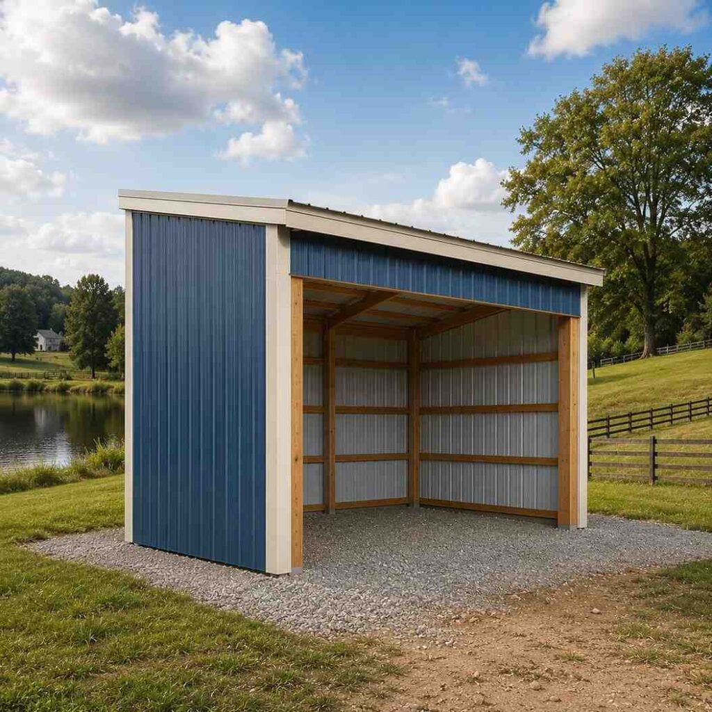 Blue metal shed with single-slope roof and open bay framed in wood beside a pond