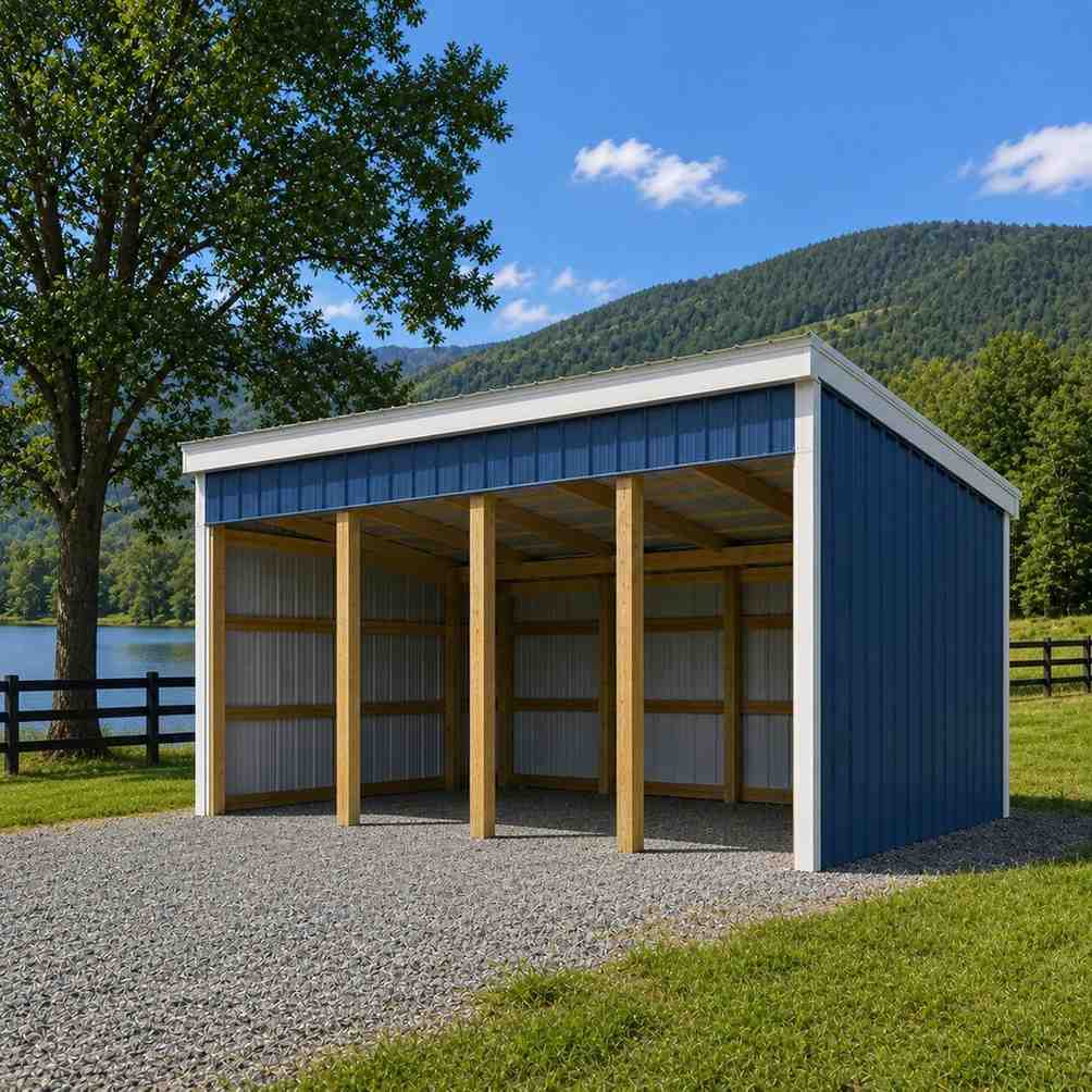 Blue metal shed with single slope roof and open front bays near a fenced lakeside pasture