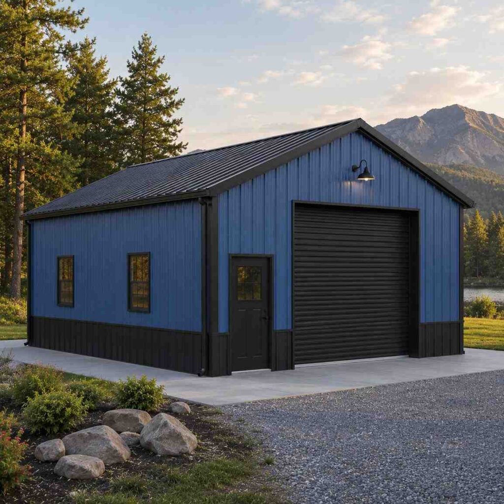 Blue metal workshop with black wainscoting, roll-up door, and gooseneck barn light