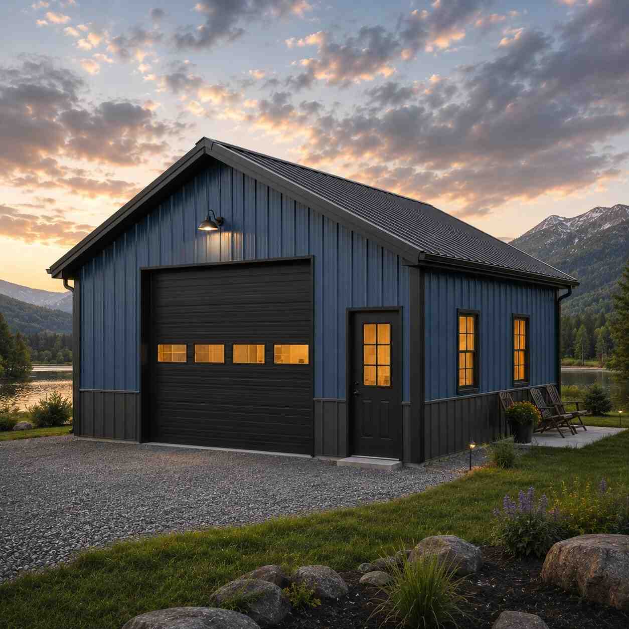 Blue metal workshop with black wainscoting and warmly lit windows at mountain dusk