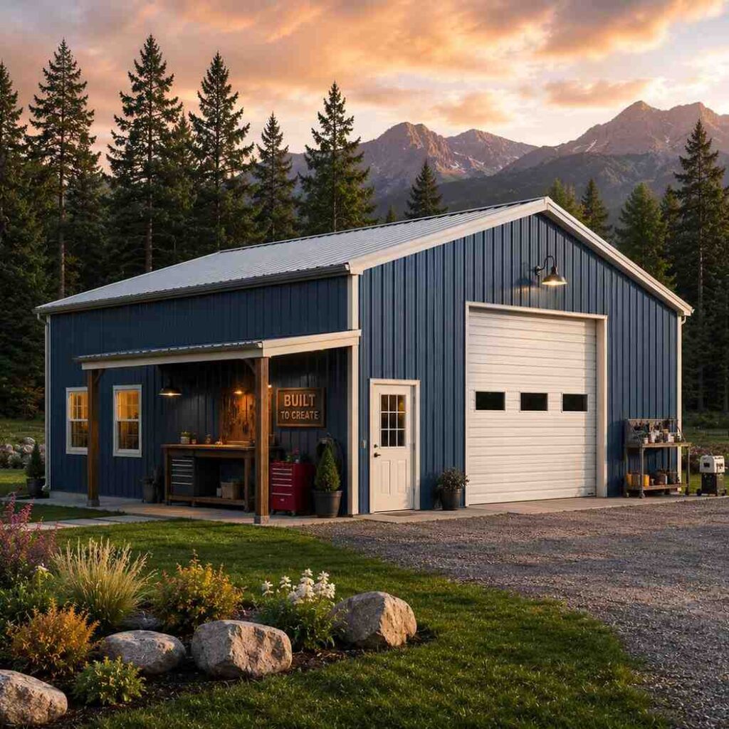 Blue metal workshop with white sectional door and covered porch workbench in mountain pines