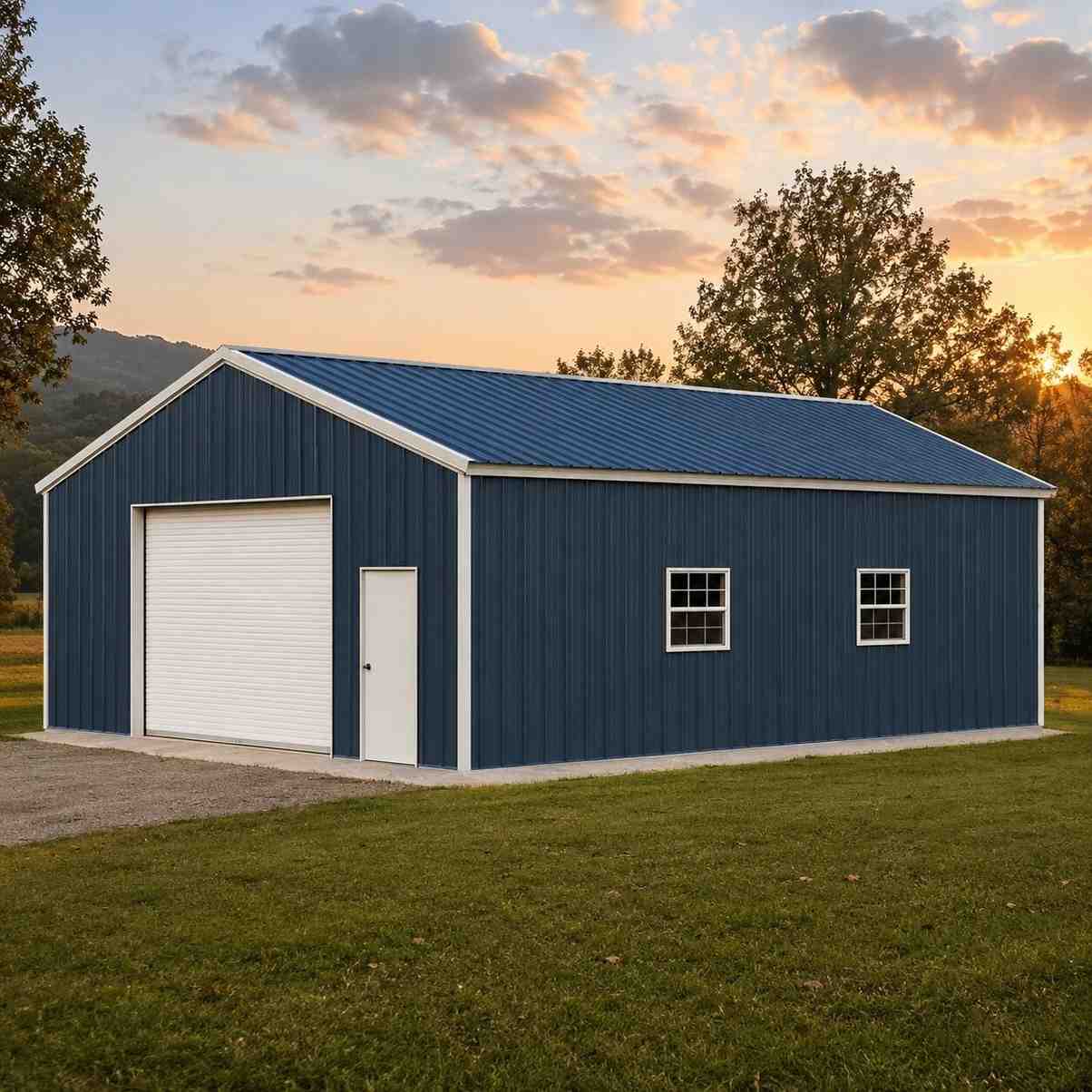 Tan steel building fabrication shop at sunset with welding glow inside and steel tubing stacked outside
