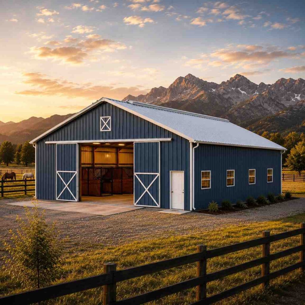 Blue steel barn with white X-brace doors and horses grazing before snowcapped mountains