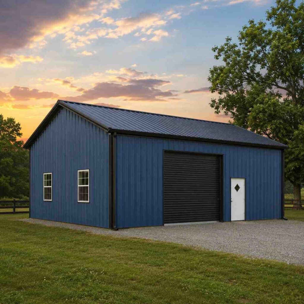 Blue steel building with black roof and roll-up door under a colorful evening sky