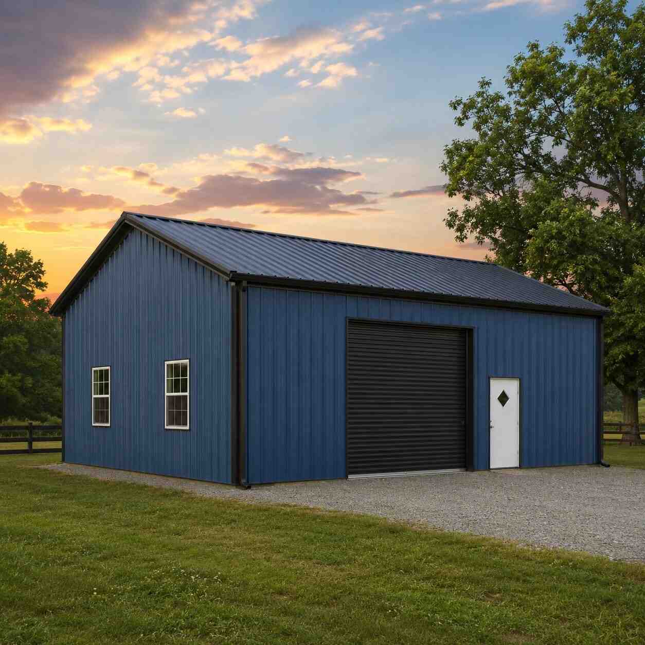 Blue steel building with black roof and roll-up door under a colorful evening sky