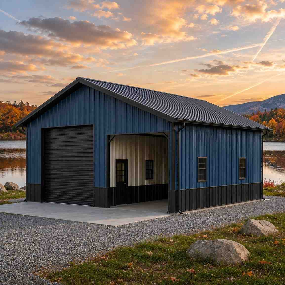 Blue steel building with black roll-up door and open drive bay on an autumn lakeshore
