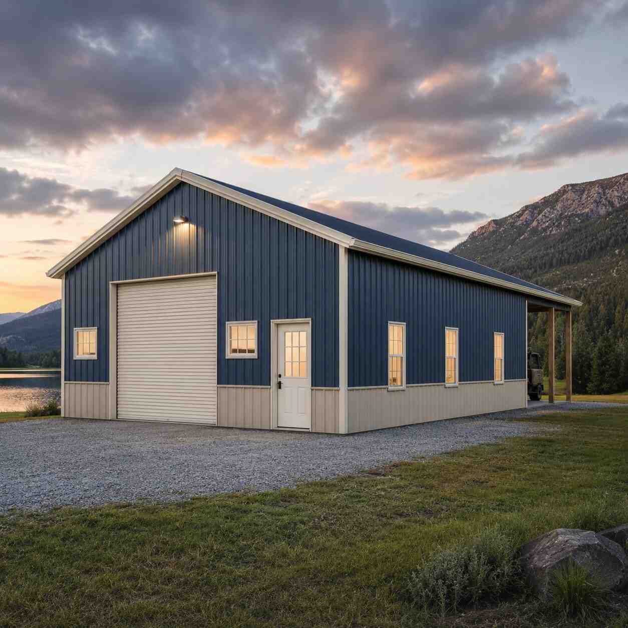 Tan metal building warehouse with red roll-up doors and a skid steer parked at sunset