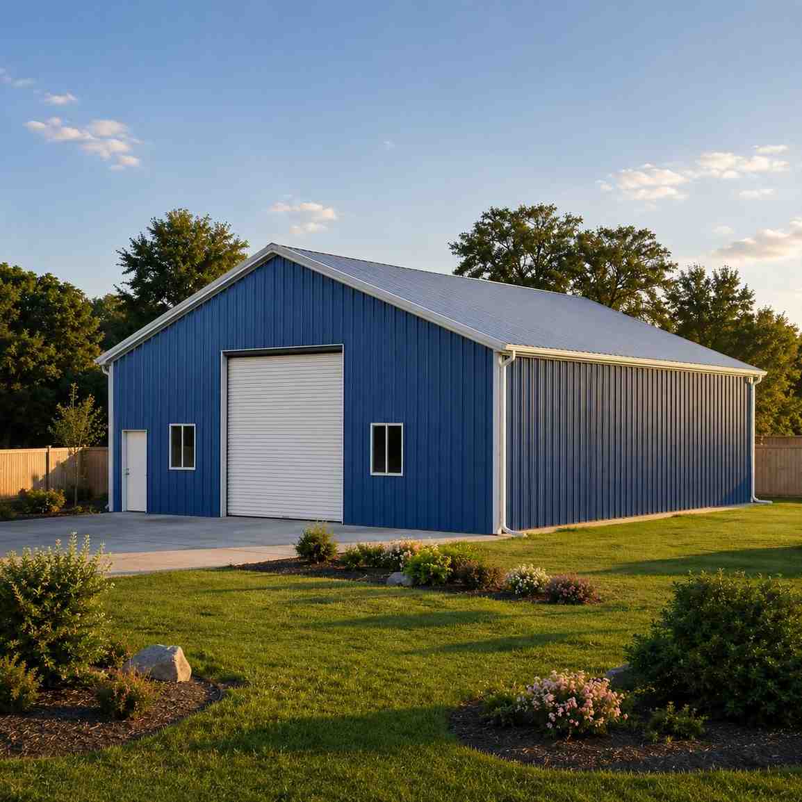 Blue steel building with white roll-up door, twin windows and landscaped lawn at dusk