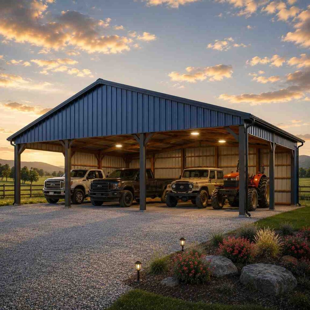 Blue steel carport sheltering pickup trucks and an orange tractor on a farm at sunset