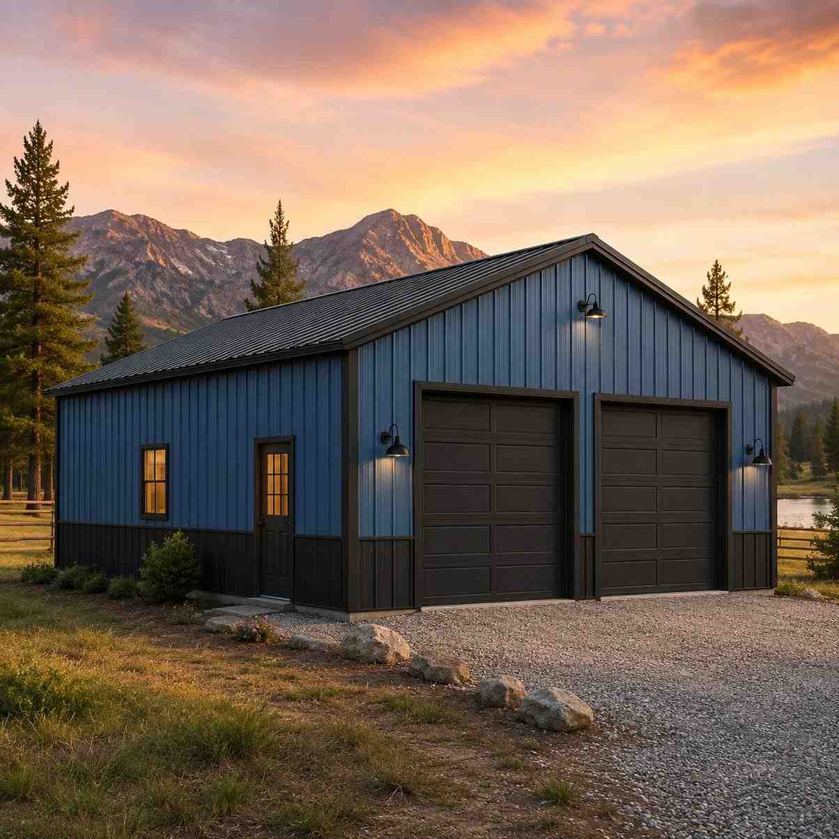 Blue steel garage with twin brown sectional doors and dark wainscot at alpine sunset