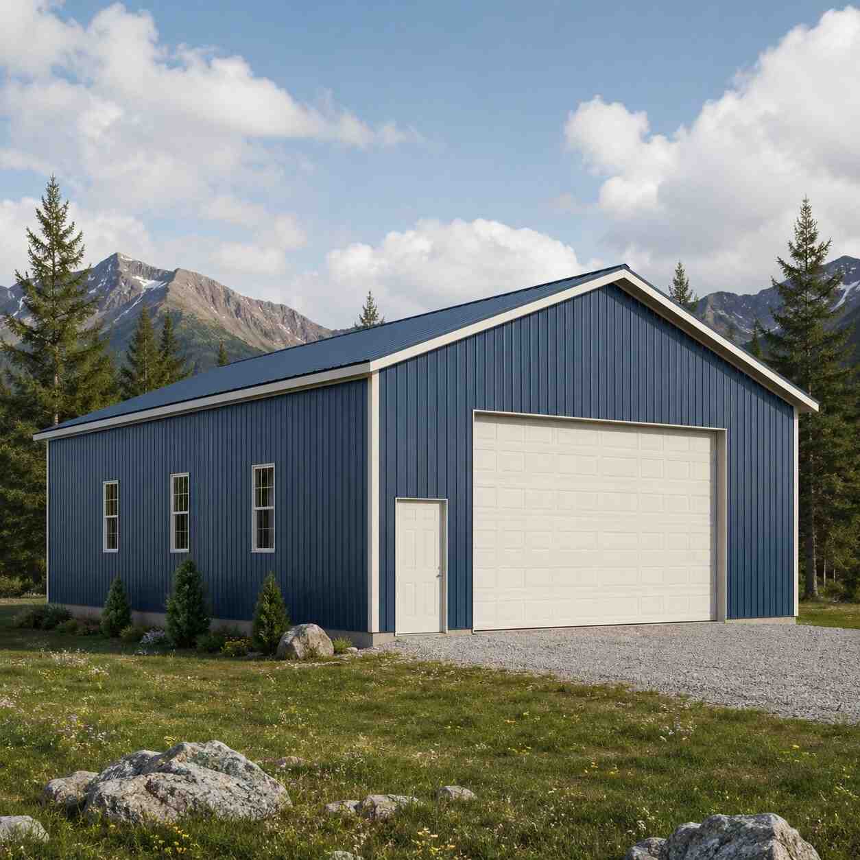 Charcoal steel building home office with glass wall glowing at autumn sunset
