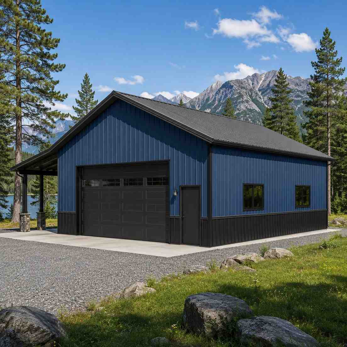 White metal building kit office studio with black metal roof and three large windows