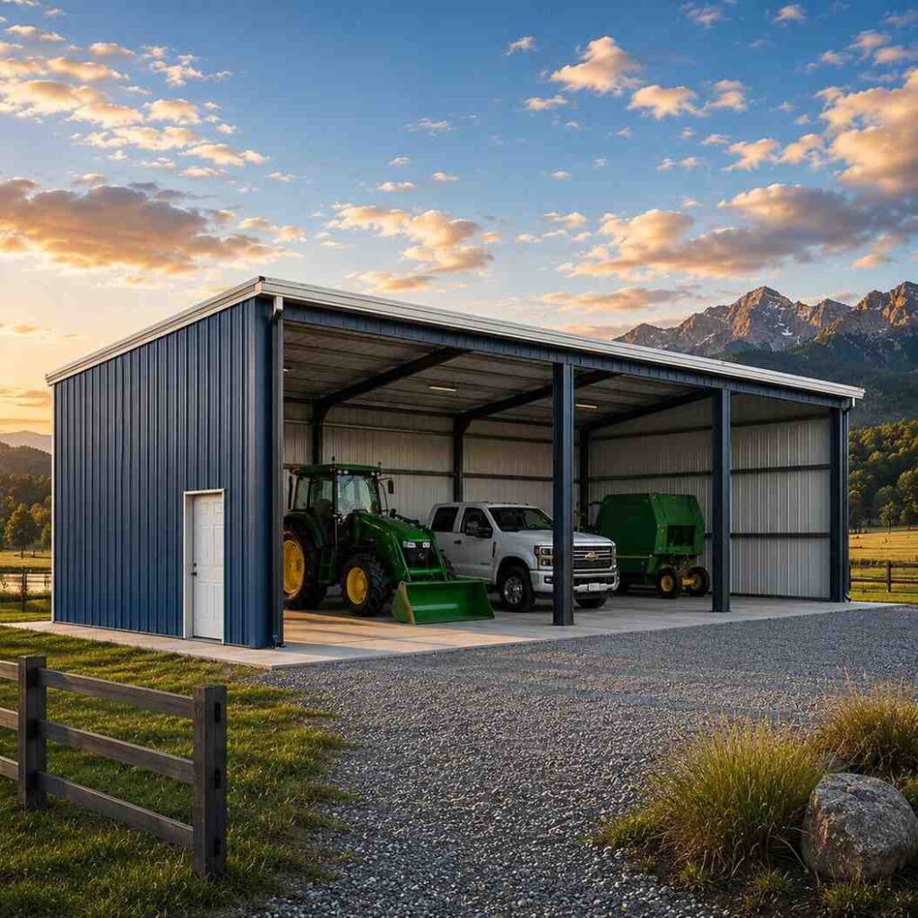Blue steel structure with open equipment bays sheltering a tractor, truck and baler near mountains