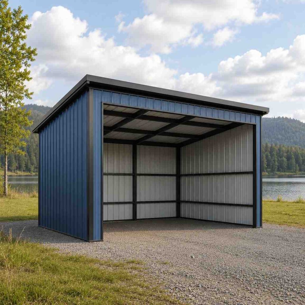 Blue steel structure open shelter with flat single slope roof in a lakeside meadow