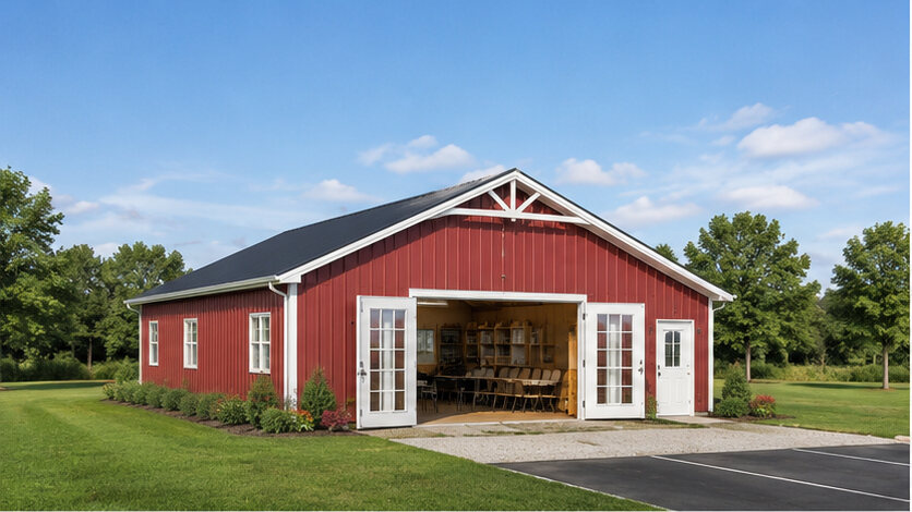Brick red metal building kit with gable truss accent and double doors open to seating