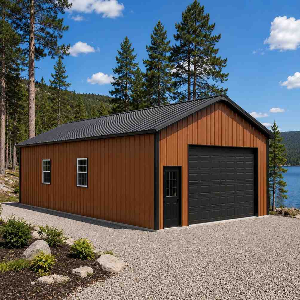 Wood-look metal building office studio with corner porch and large glass windows in a backyard