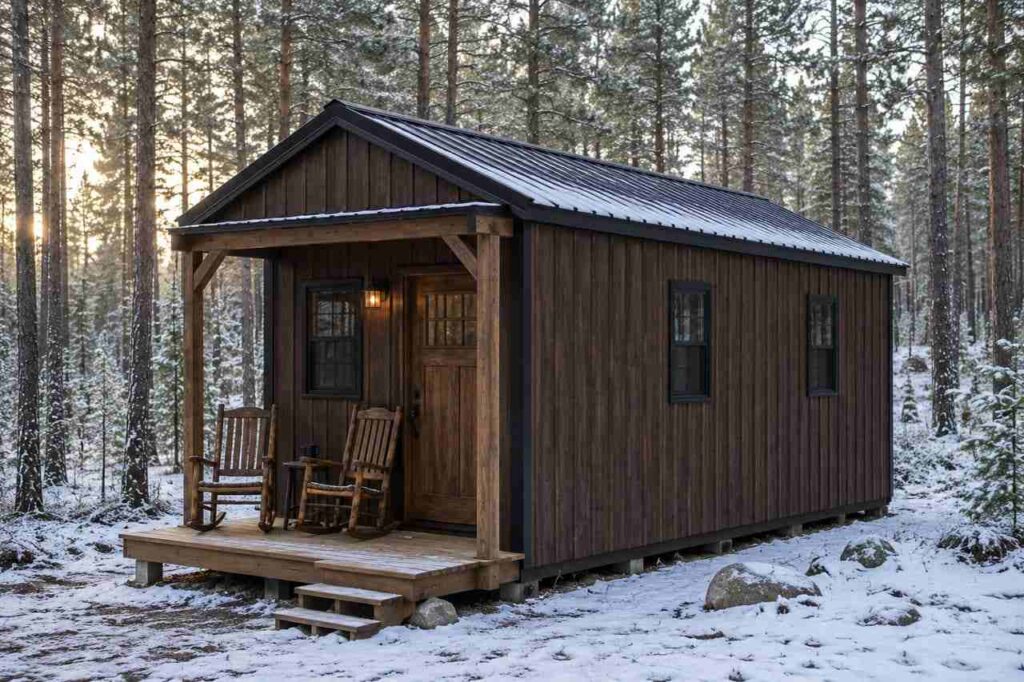 Brown steel structure cabin with covered porch and rocking chairs in a snowy pine forest