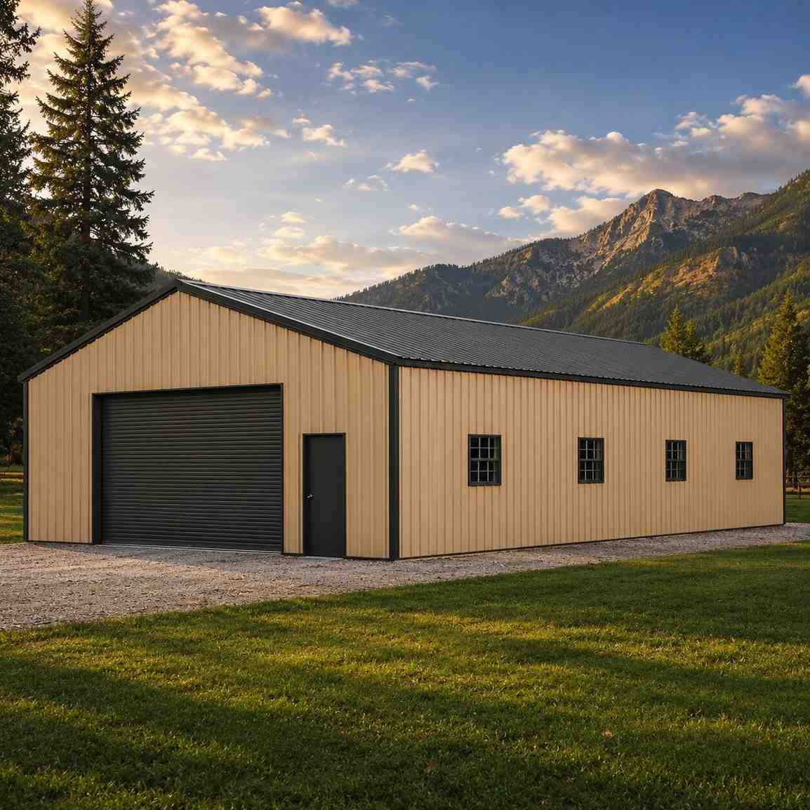 Charcoal metal carport with white trim sheltering a silver truck in a sunset valley