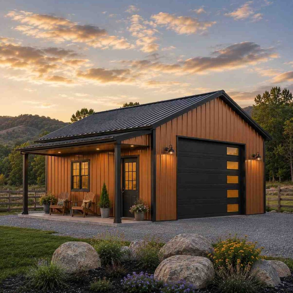 Caramel commercial metal building with glass panel door and furnished porch at sunset