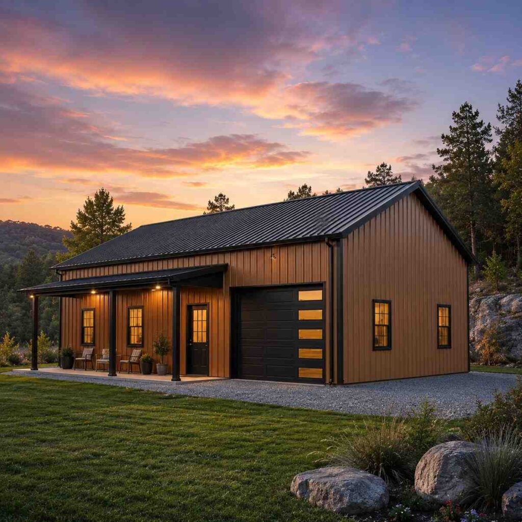 Caramel prefab metal building with covered porch and windowed steel garage door under a sunset sky