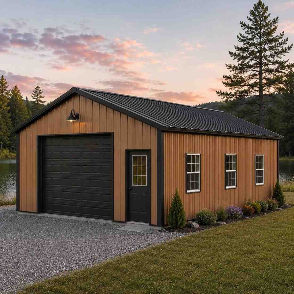 Cedar look metal garage with black sectional door and trim beside a lake at dusk