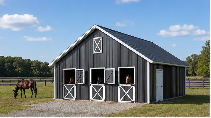 Charcoal metal barn with three horse stalls, open dutch doors, and horse grazing in pasture