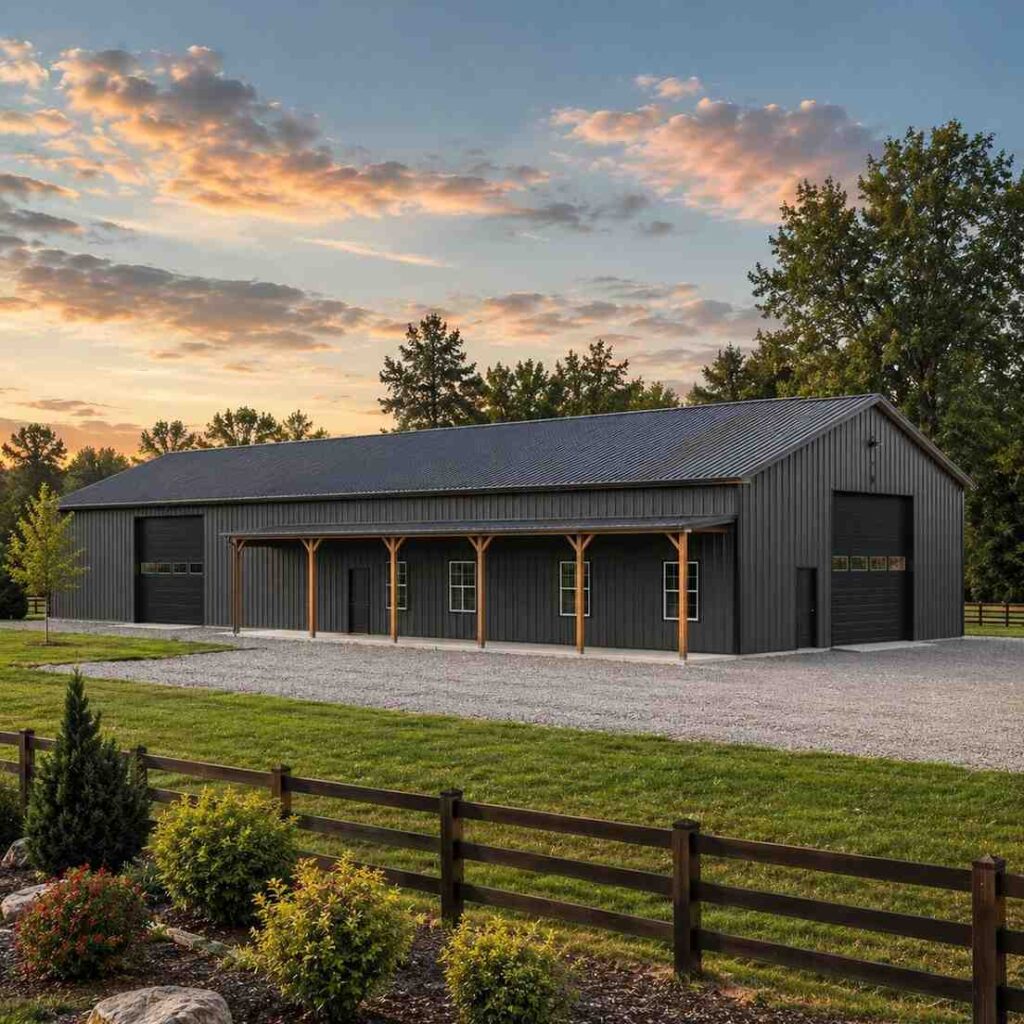 Charcoal metal barn with timber post porch and roll-up doors beside a fenced pasture