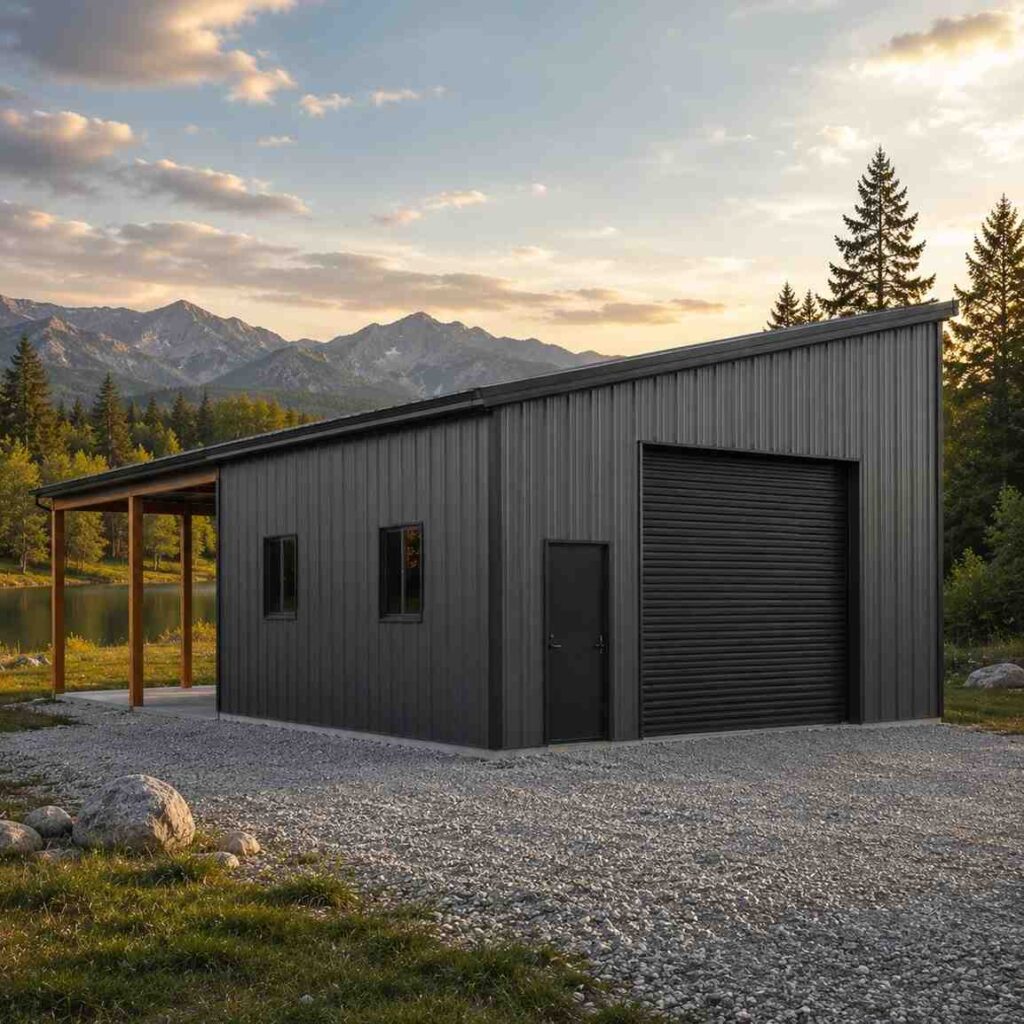 Charcoal metal building with single slope roof, lean-to porch and roll-up door by a lake