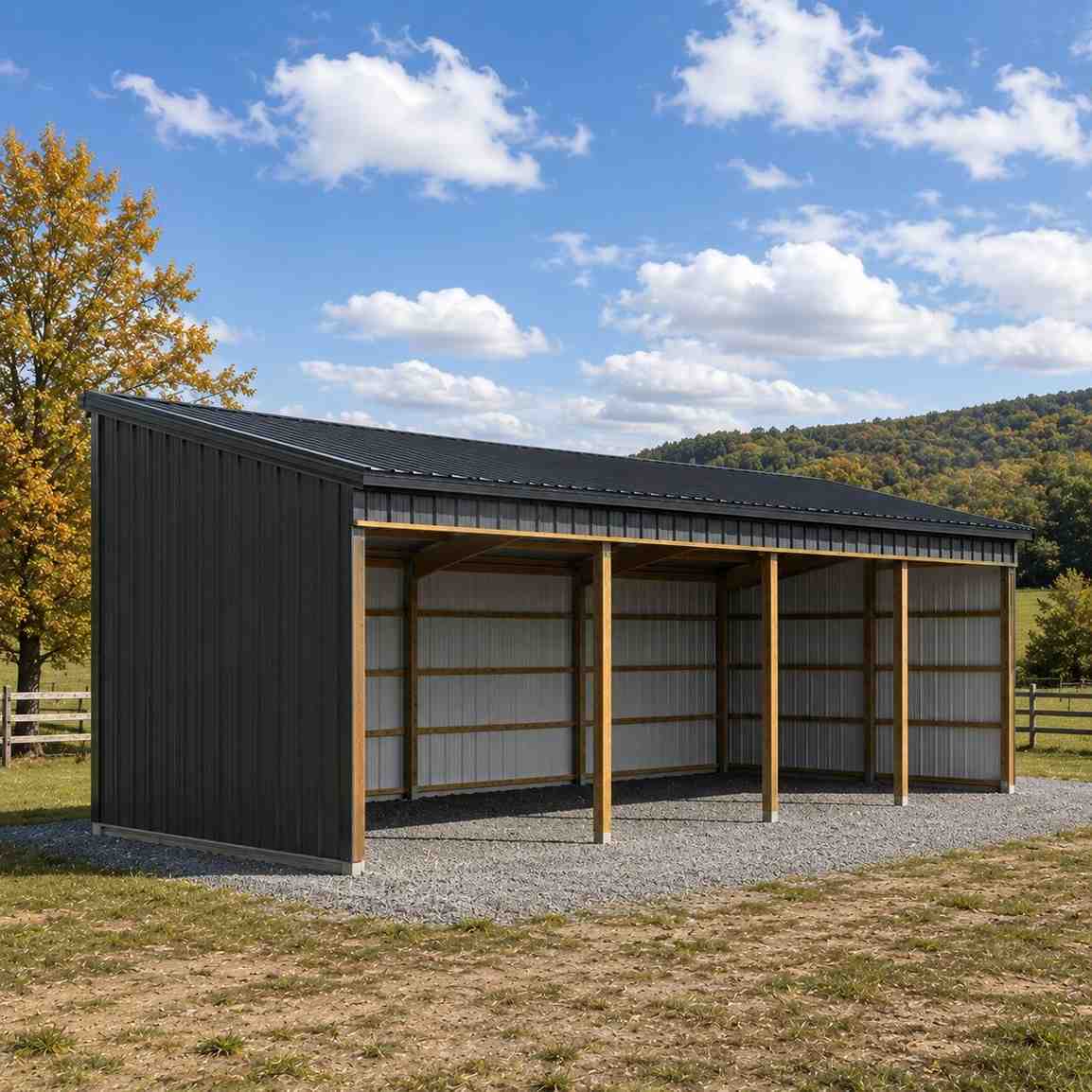 Charcoal metal shed with open front run-in shelter design on a fenced autumn pasture