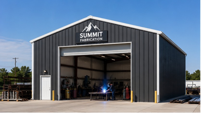 Charcoal metal workshop with open roll up door revealing a welder working in fabrication shop