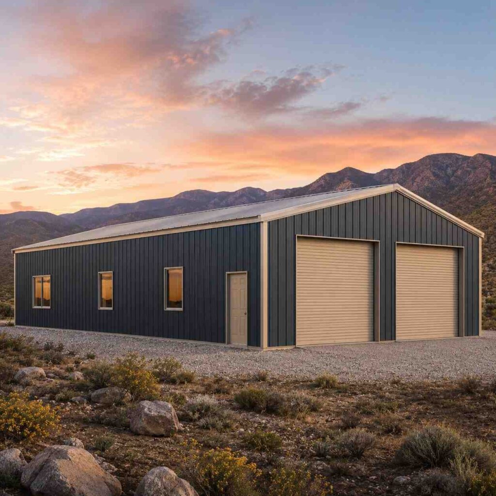 Charcoal metal workshop with two tan roll-up doors in a desert valley at sunset